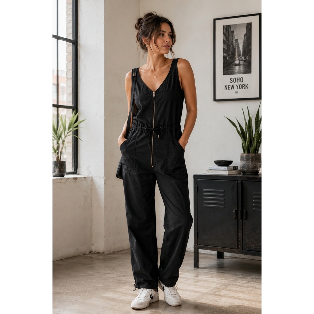 Pistola Utility Jumpsuit Womens S Black Zip Front Cotton Workwear Romper